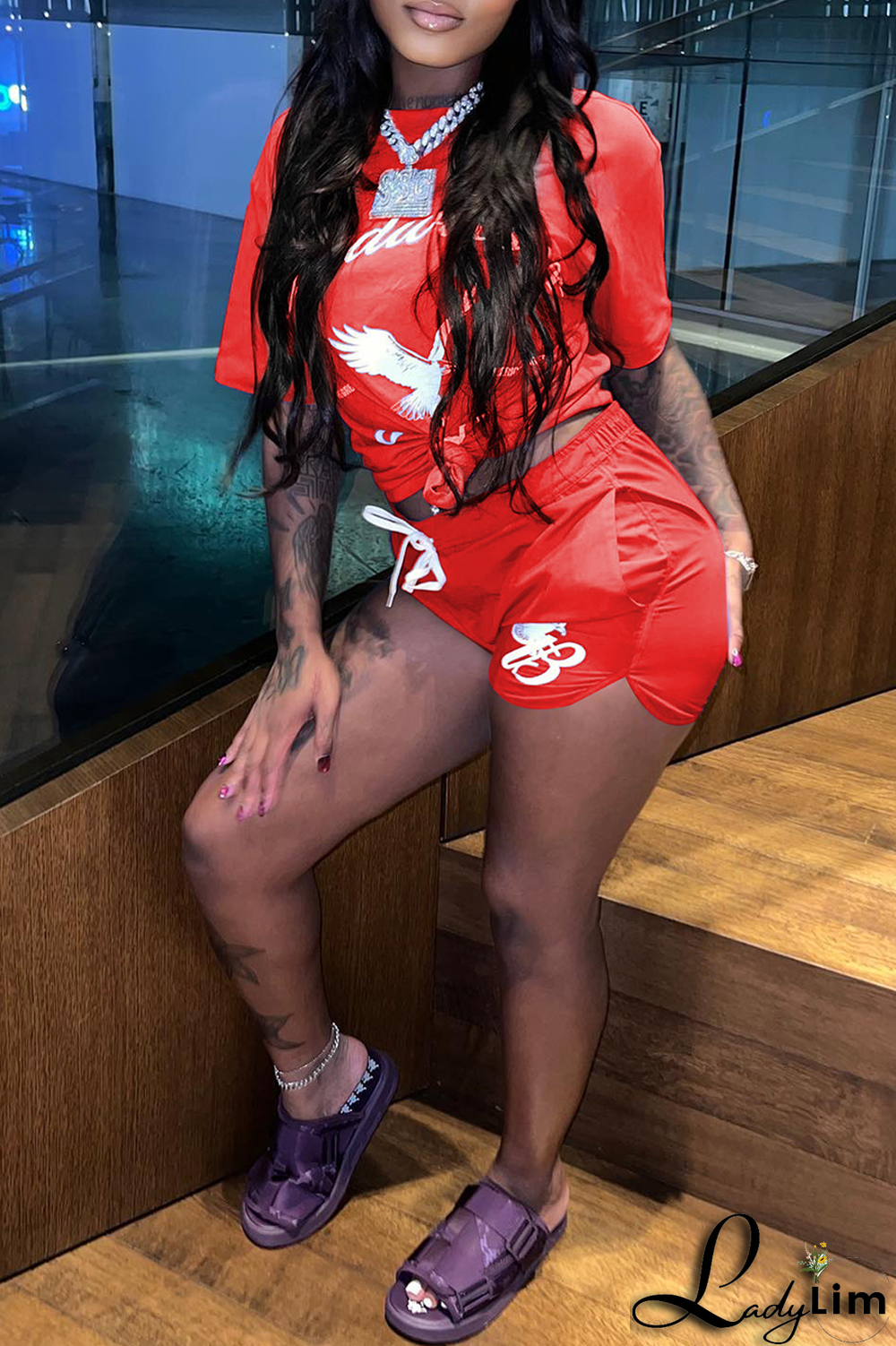 Red Fashion Print Split Joint O Neck Short Sleeve Two Pieces