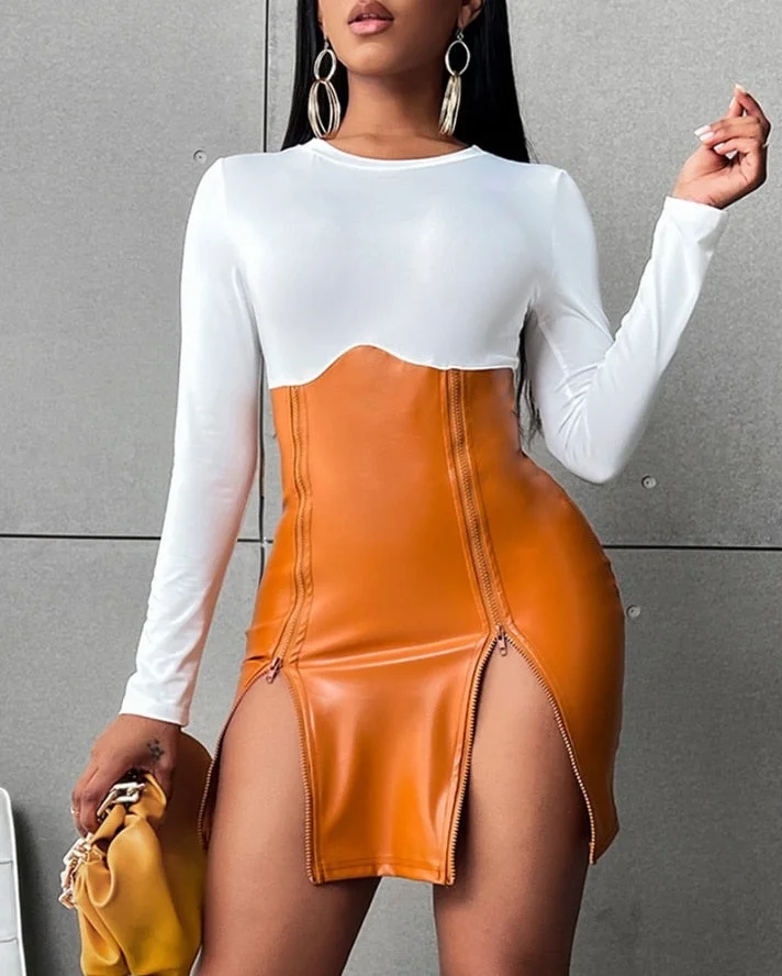 tlbang new fashion women's dresses O-neck Long Sleeve Sexy Colorblock PU Leather Patch Zipper Design Bodycon Mini Skinny Dress