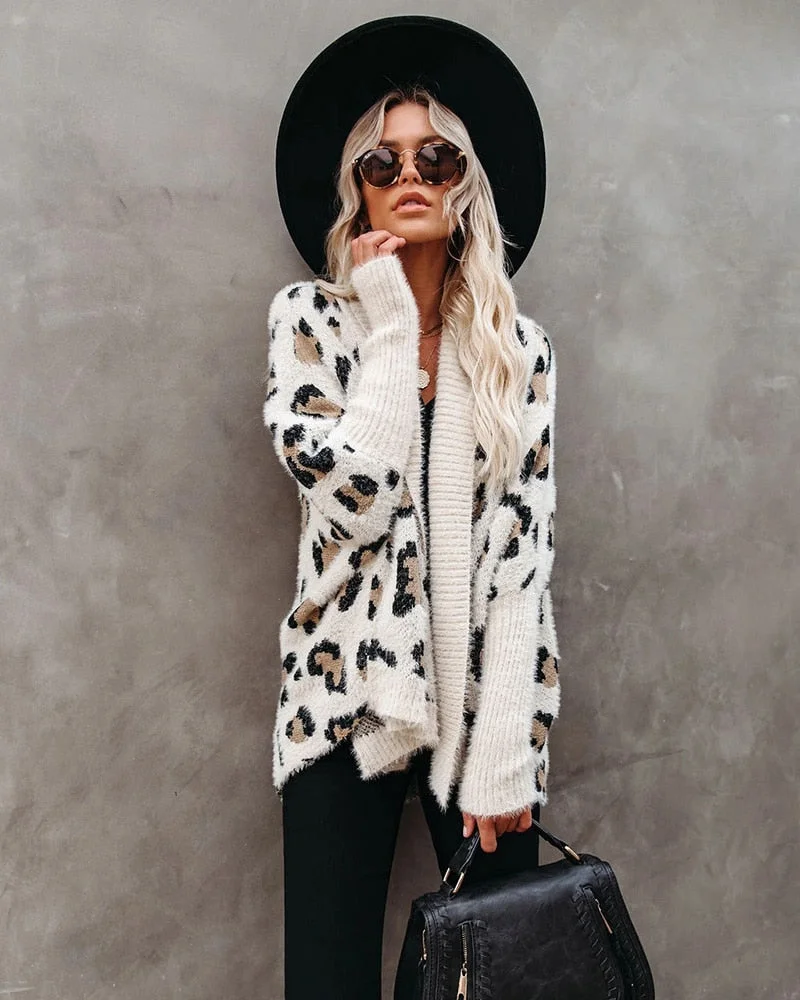 Fitshinling Fuzzy Leopard Long Cardigan Female Bohemian Slim Batwing Sleeve Overized Sweaters Cardiagns  For Women Winter Coat