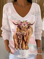 Women's Highland Cow Print V-neck Knit Sweater