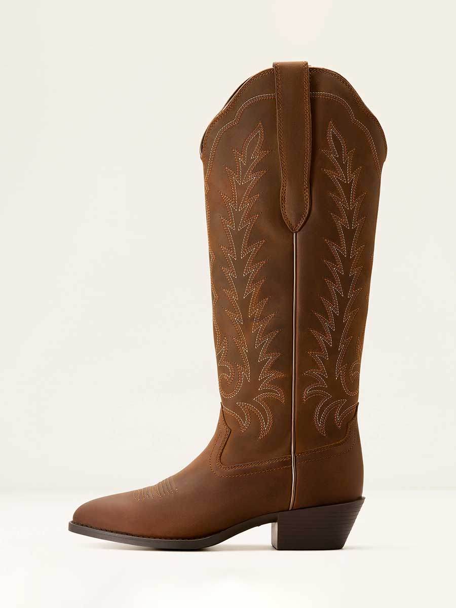 Brown Round Toe Chunky Heel Pull-On Embroidered Knee High Boots