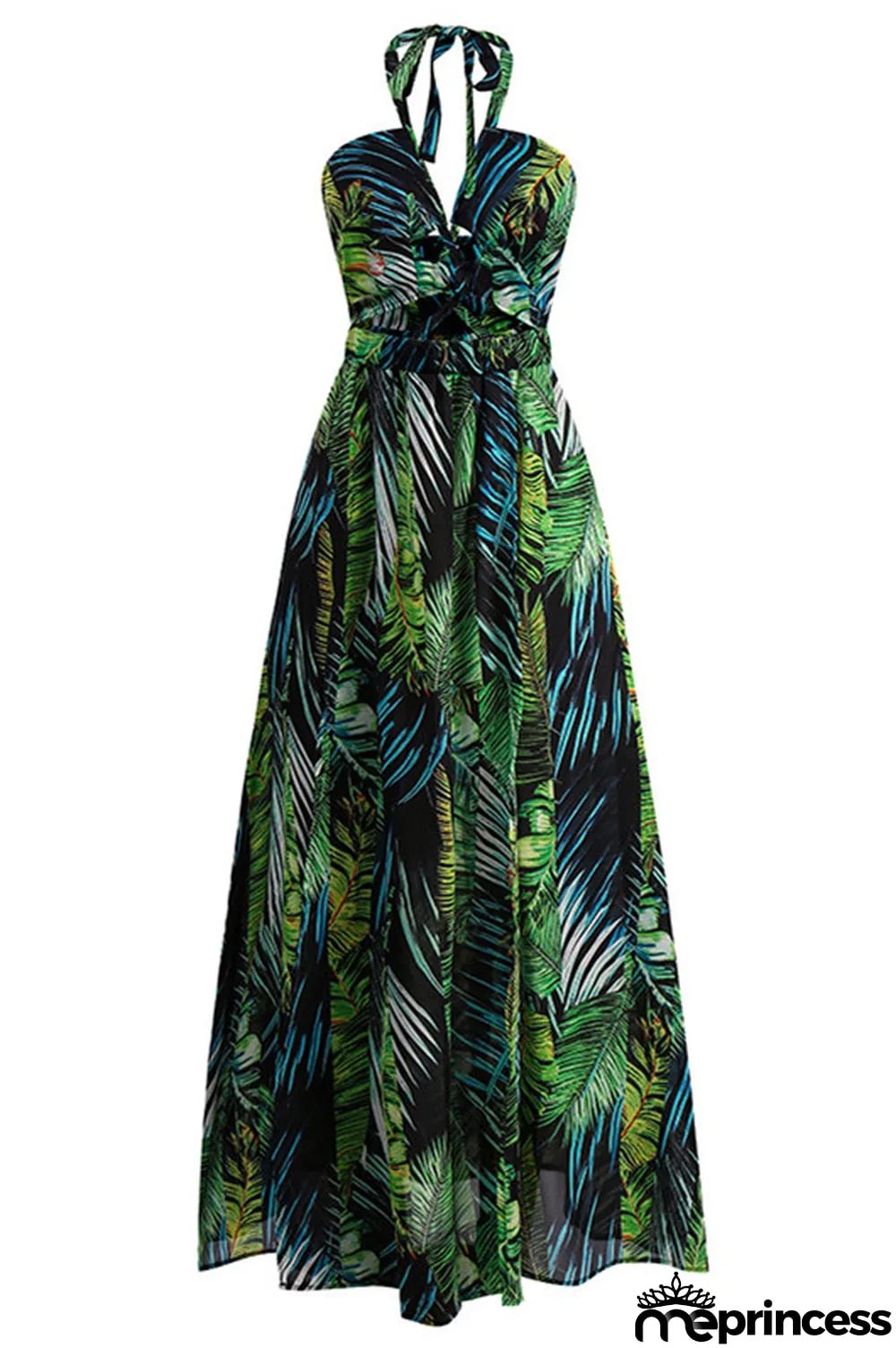 Red Fashion Sexy Print Hollowed Out Backless Halter Sleeveless Dress