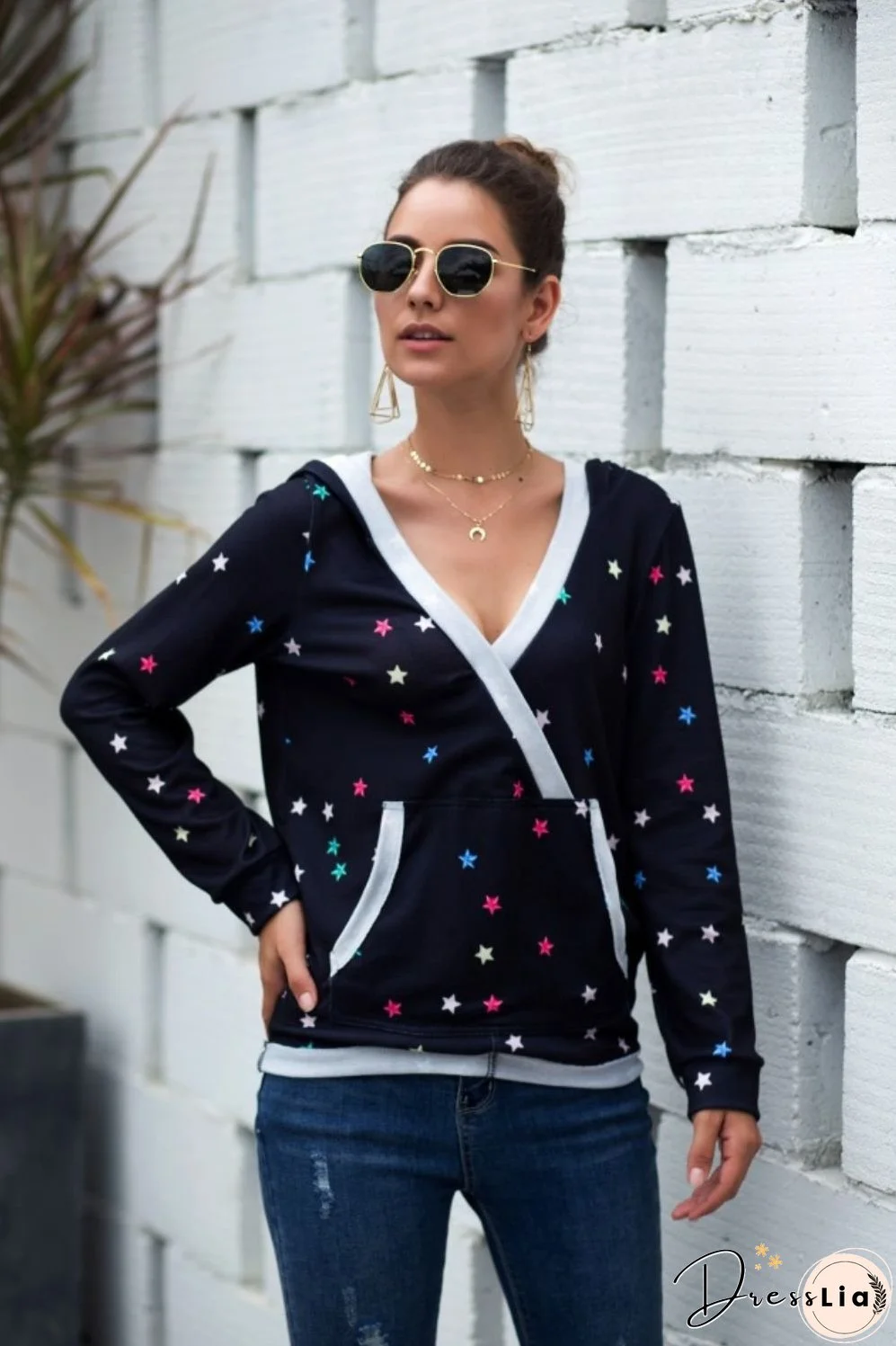 Star Print Kangaroo Pocket Hoodie