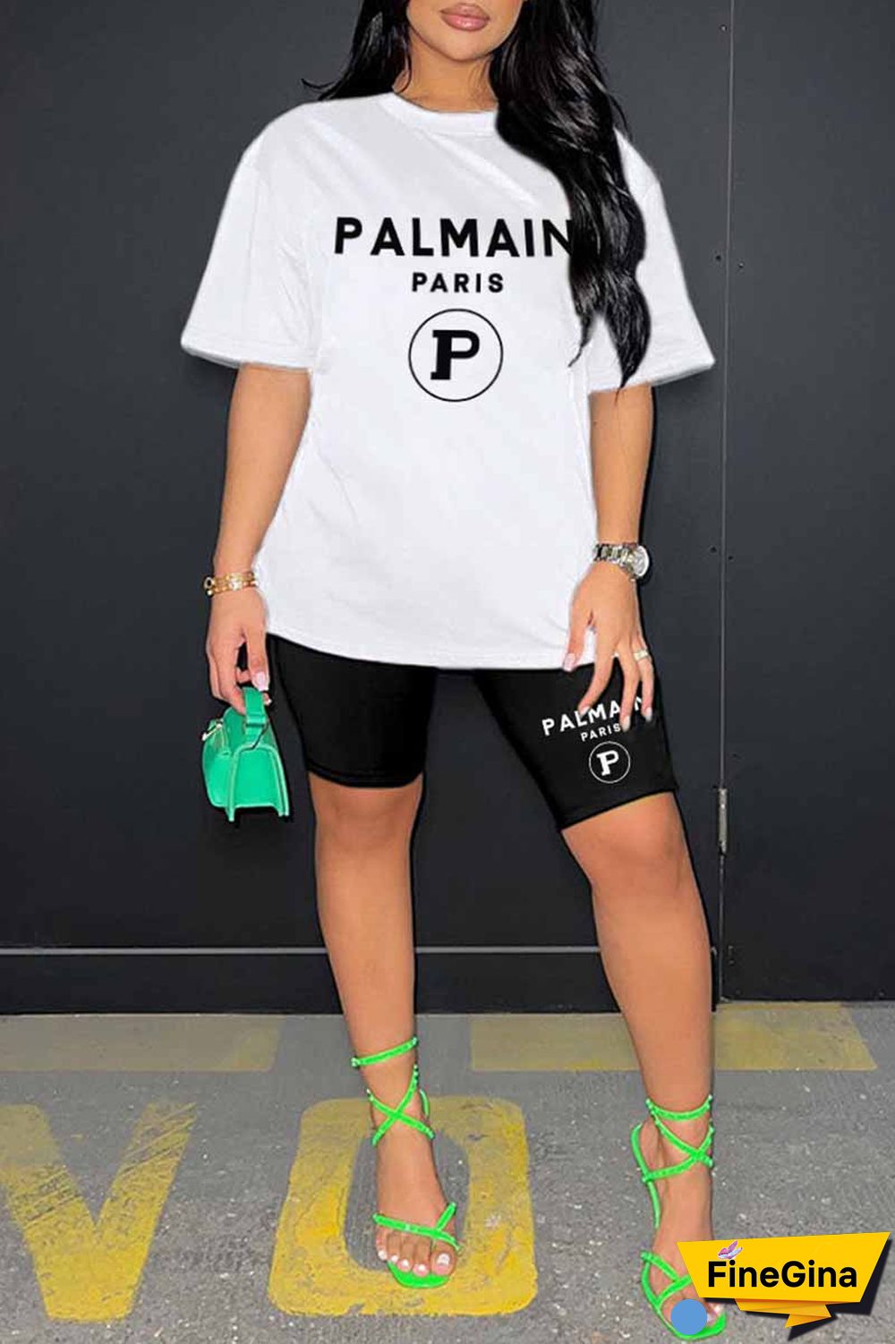 Blue Casual Print Letter O Neck Short Sleeve Two Pieces