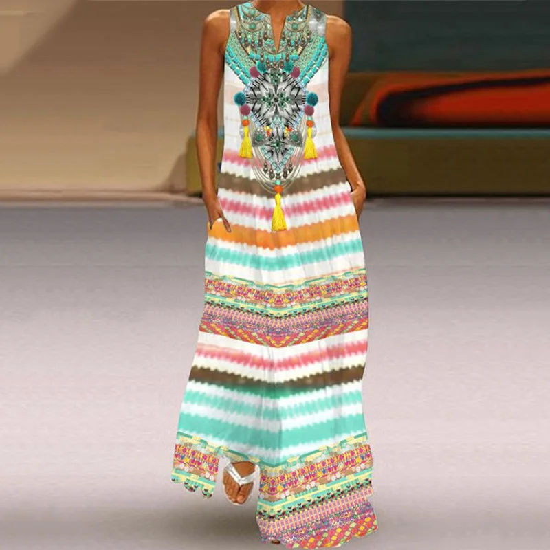 Women'S African Tribal Embellished Striped Print Pocket Maxi Dress