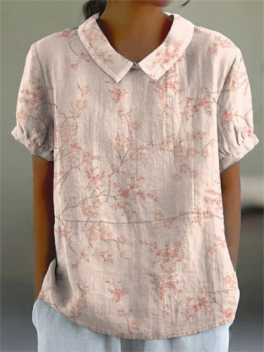 Women's Retro Floral Art Print Casual Cotton And Linen Shirt