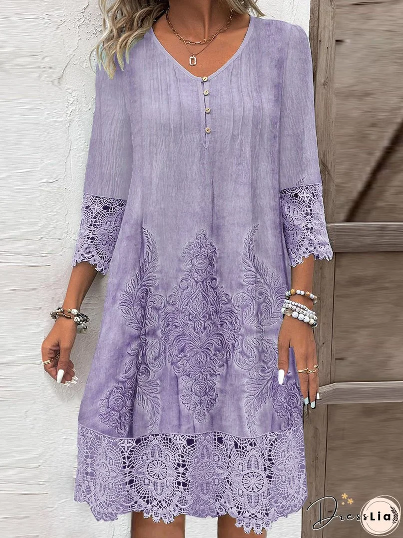 Women's 3/4 Sleeve V-neck Graphic Lace Buttons Midi Dress