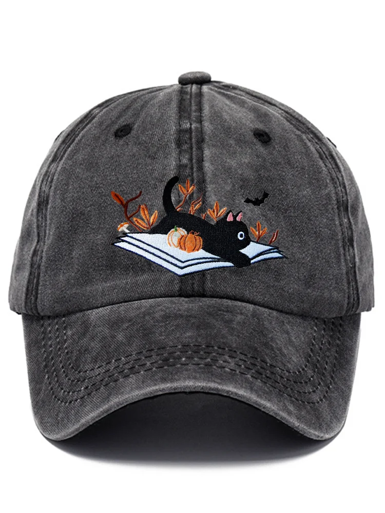 VChics Halloween Black Cat & Pumpkin Embroidered Print Hat