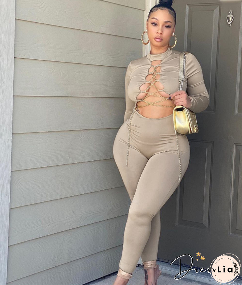 Sexy Hollow Out Chain Lace Up Skinny Jumpsuit