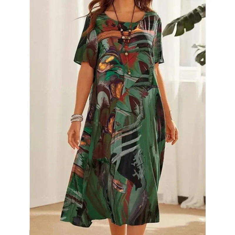 Uveng Summer Sleeve Loose Round Neck Dresses