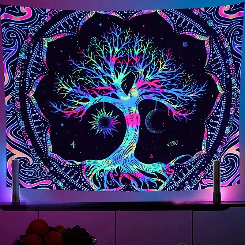 BlackLight Tree of Life Tapestry Sun Moon Stars Galaxy Colorful Hippie Psychedelic Bedroom Dorm Decor Aesthetic Wall Hanging