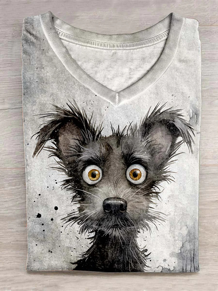 Comstylish Funny Dog Ink And Watercolor Art Print Casual T-Shirt