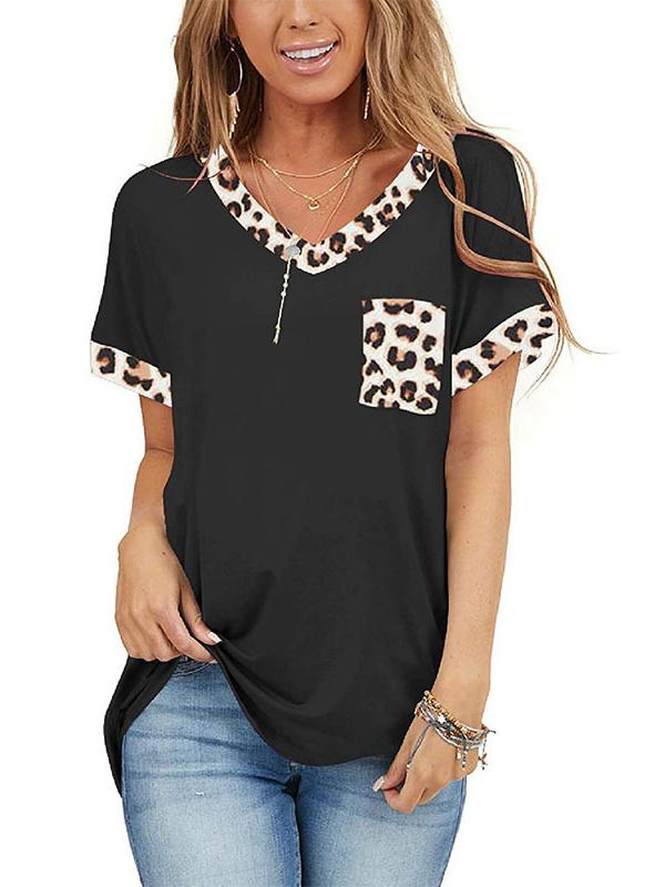 Women Casual Short Sleeve Scoop Neck Leopard Printed Tops With Pockets