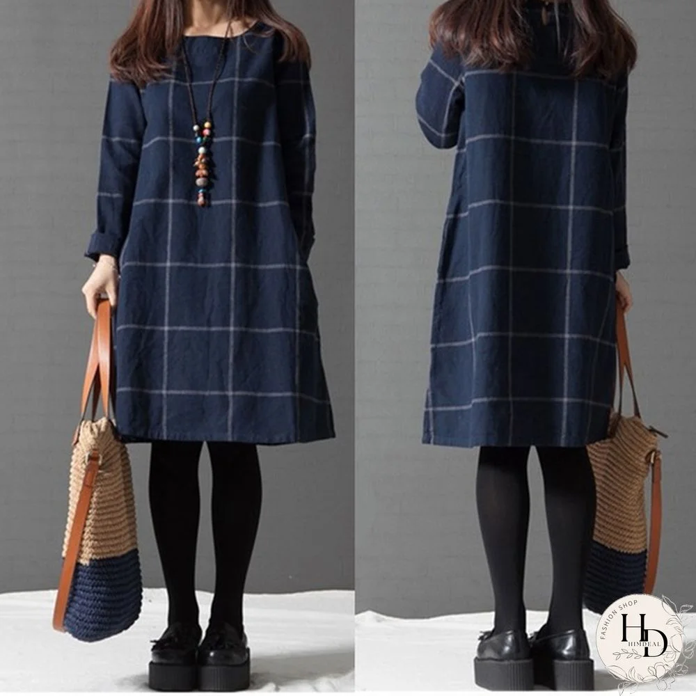 women Literary relaxed Korean long-sleeved plaid cotton and linen dress