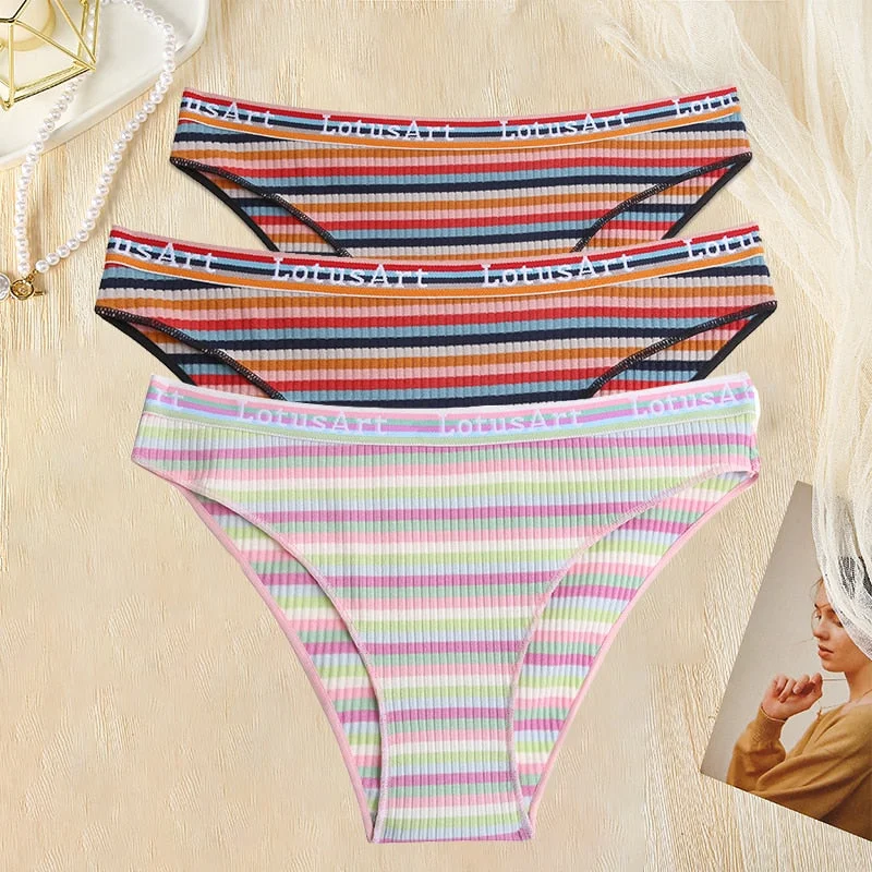 FINETOO 3PCS/Set Women Cotton Seamless Panties for Female M-XL Underwear Panty Sexy Colorful Striped Lingerie Letter Waist Brief
