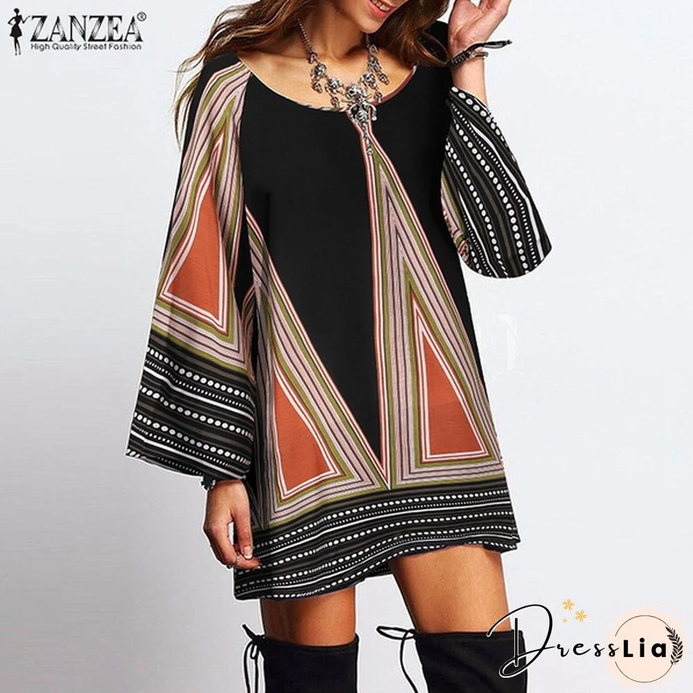 ZANZEA Women Vintage Shirt Dress Long Sleeve Printed Holiday Club Beach Casual Mini Sundress