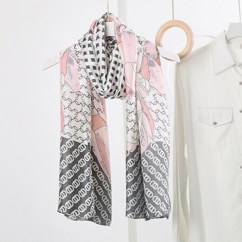 Women’s Fashion Letter Plaid Satin Printing Silk Scarves