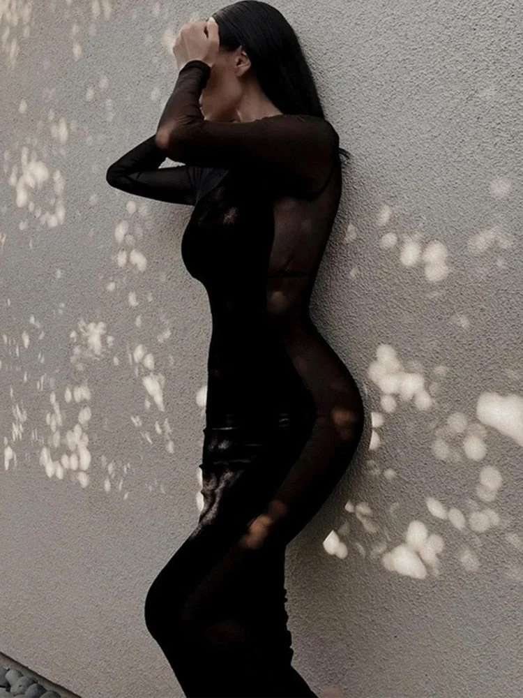 Articat Mesh Transparent Midi Dresses Women Slim Round Collar Ladies Outfits Long Sleeve Fashion Elegant Female Stitching Dress