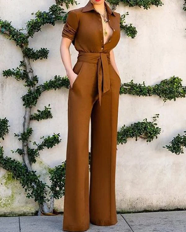 sexy turndown collar pure colour long sleeve jumpsuit p306334