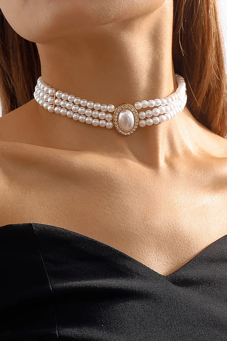 Elegant Layered Pearl Rhinestone Alloy Necklace