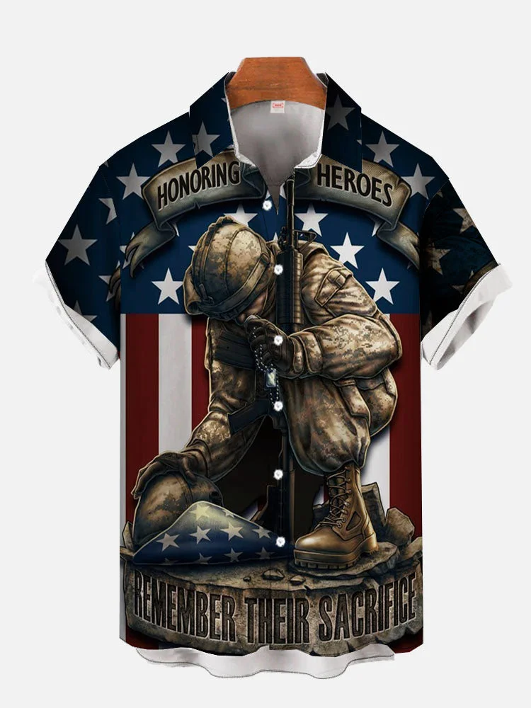 Stars and Stripes And Soldier Printing Men's Short Sleeve Shirt