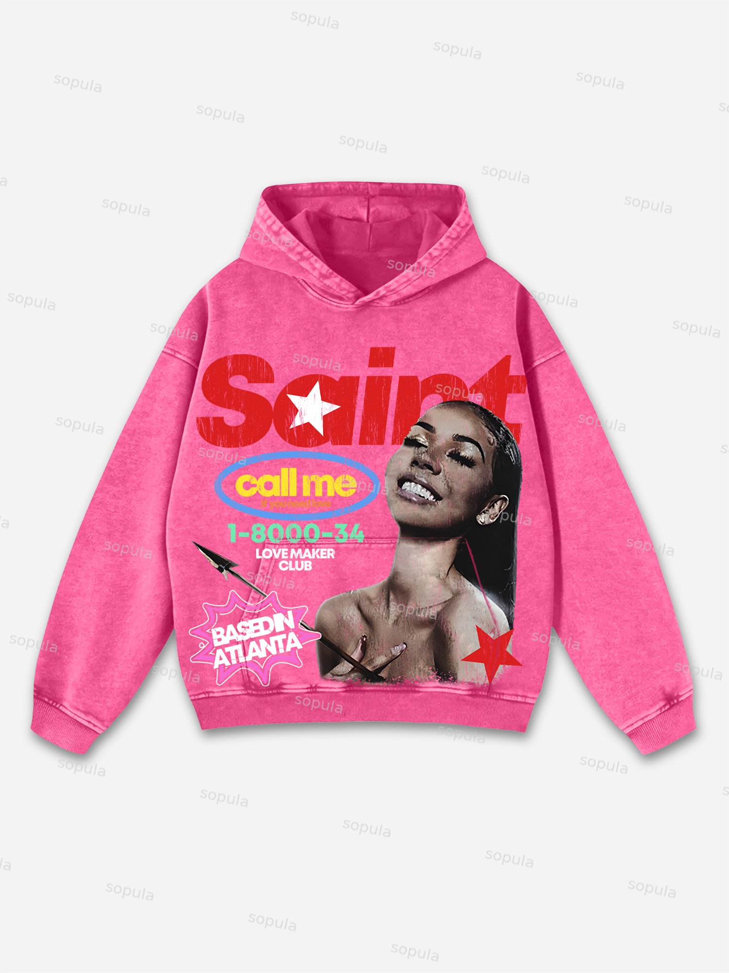 Sopula Vintage Saint Call Me If You Need Love Graphic Acid Washed Oversized Hoodie