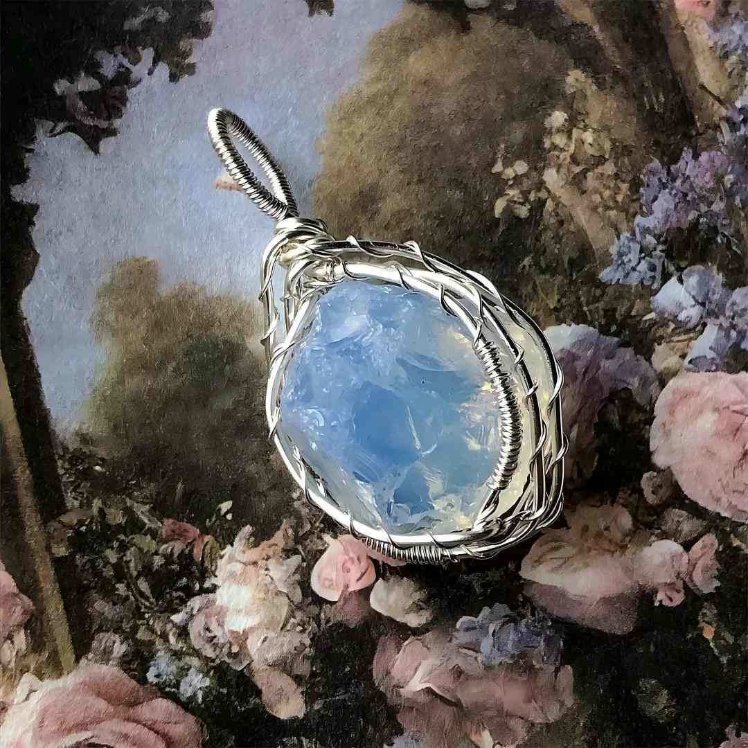 Natural rough opal winding pendant handmade clavicle chain - on neck