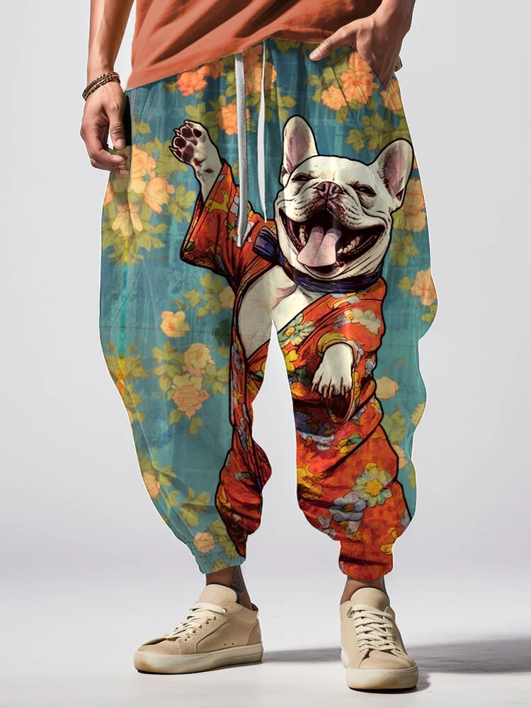 Men's Japanese Ukiyo-E Kimono Bulldog Art Print Loose Drawstring Waist Sweatpants