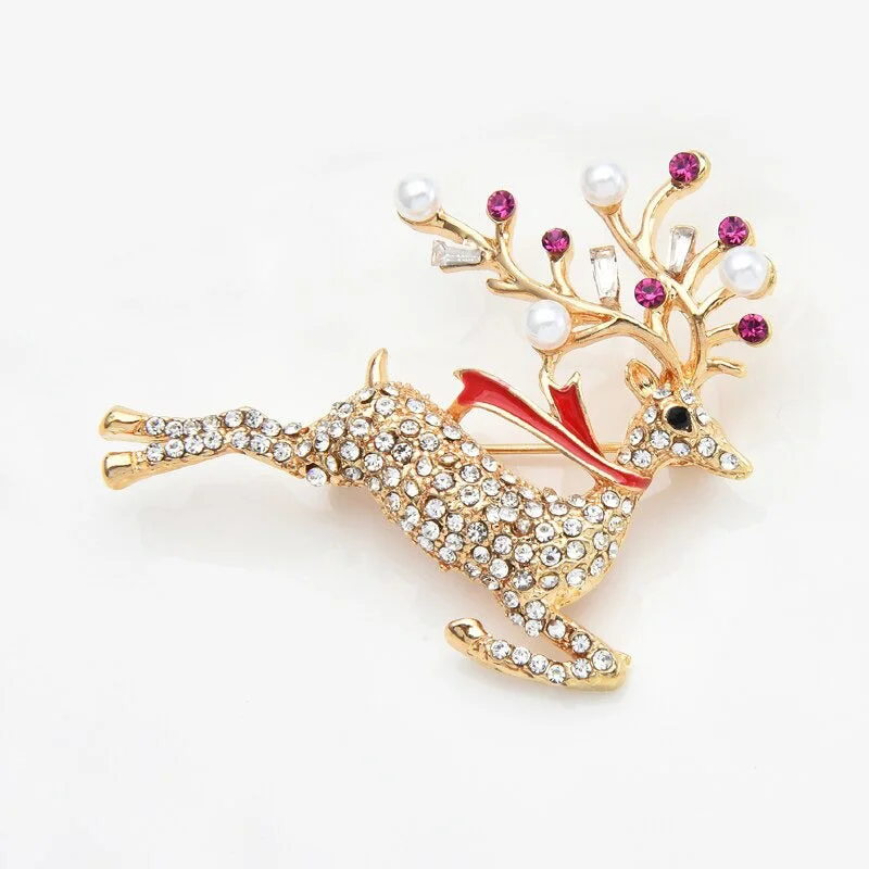 Running Christmas Reindeer with Pearl and Rhinestone Brooch Pins
