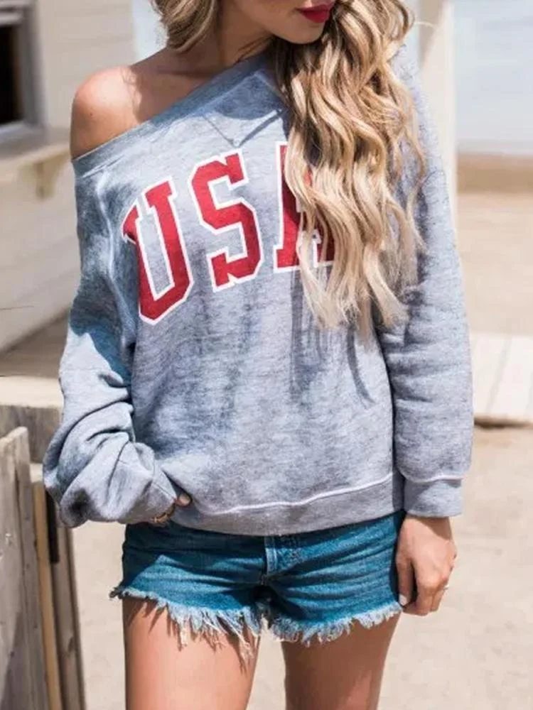 Round Neck USA Letter Print Loose Long Sleeve Sweatshirt