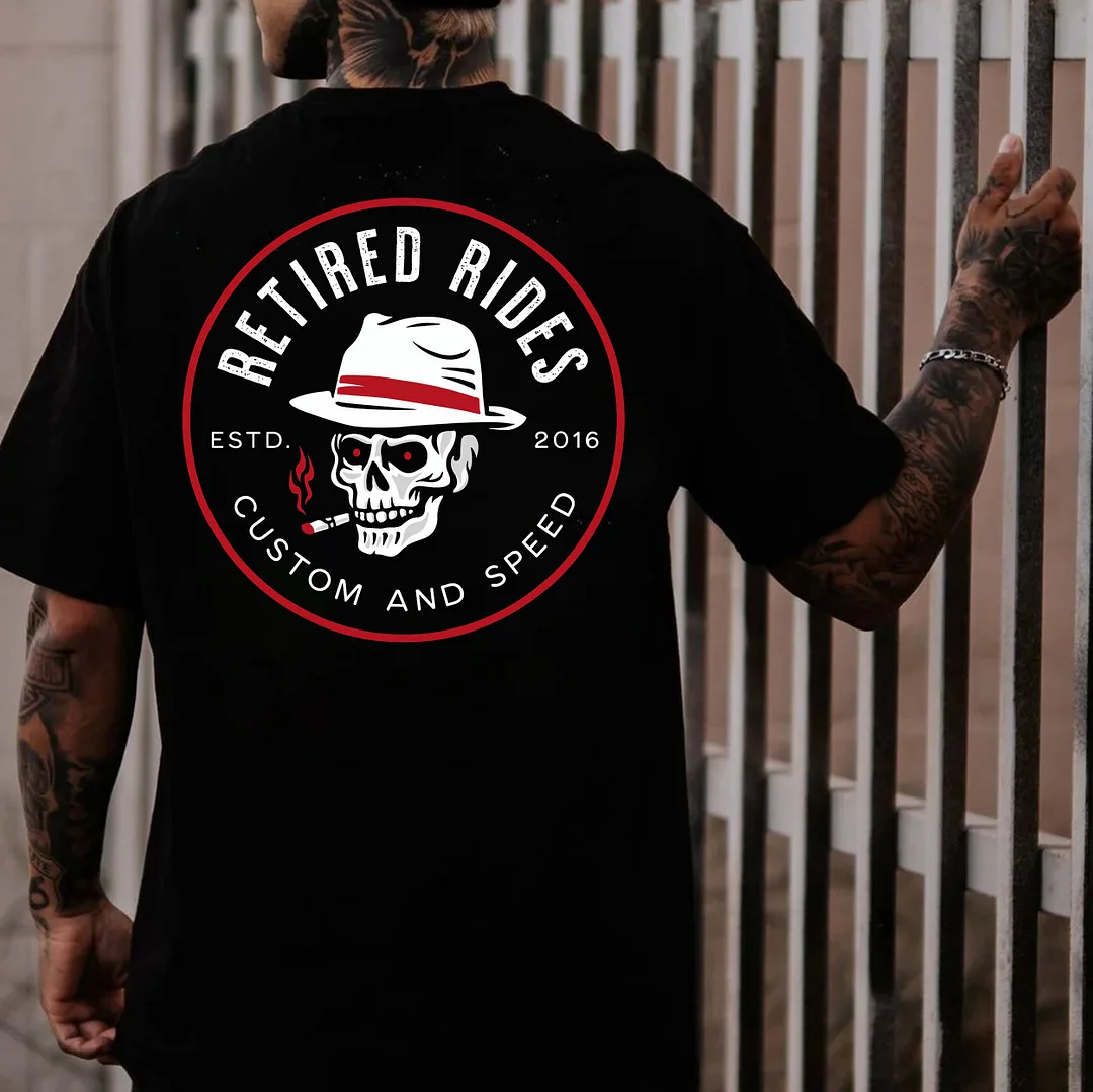 RETIRED RIDES CUSTOM AND SPEED Smoking Skull Print Men's T-shirt