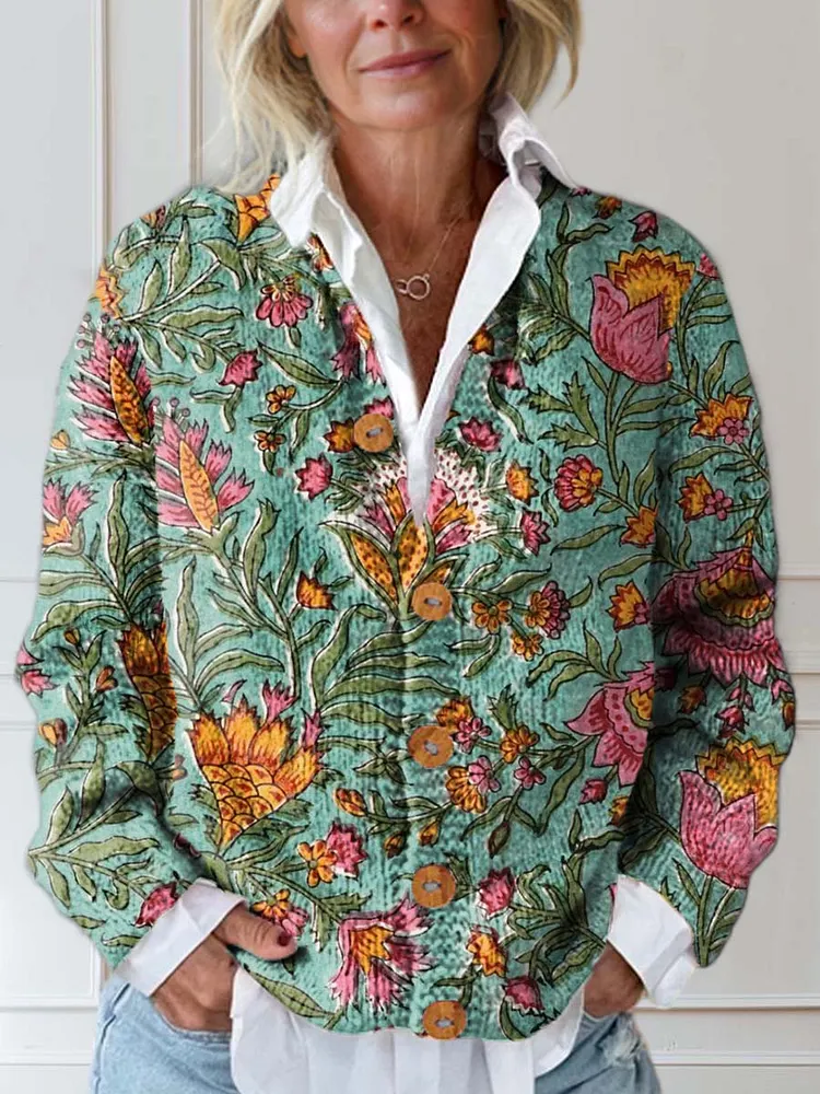 Women's Vintage Floral Art Print Buttoned Cardigan Sweater