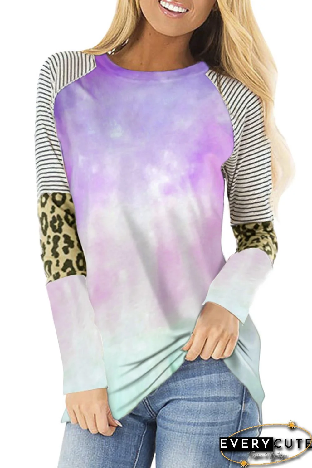 Purple Tie-dyed Striped and Leopard Long Sleeves Top