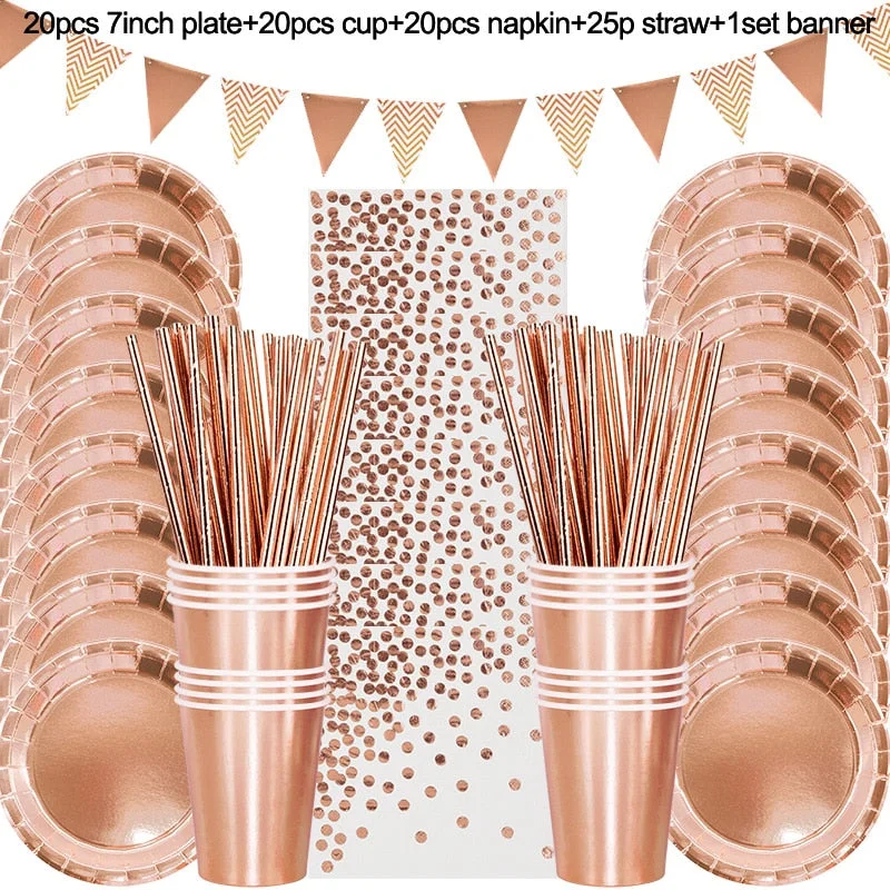 Rose Gold Party Disposable Tableware Set Paper Plate Cup Kids Adult Birthday Wedding Bachelorette Party Decoration Baby Shower