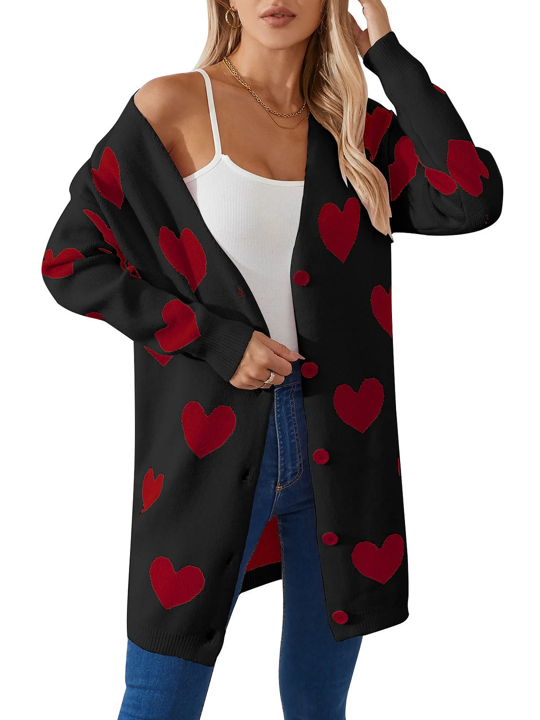 Athvotar Athvotar New Valentine's Day Love Knitted Cardigan V-Neck Button Long Coat Sweater Woman