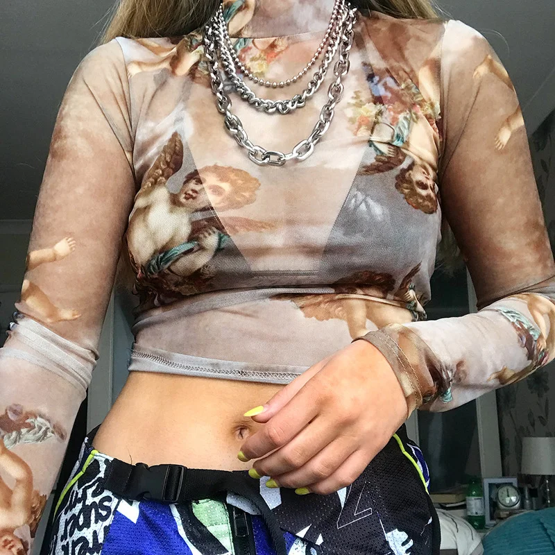 Uveng Uveng Women's Mesh Hollow Out Butterfly Print Long Sleeve Crop Short T-Shirt Bottom Shirt Women