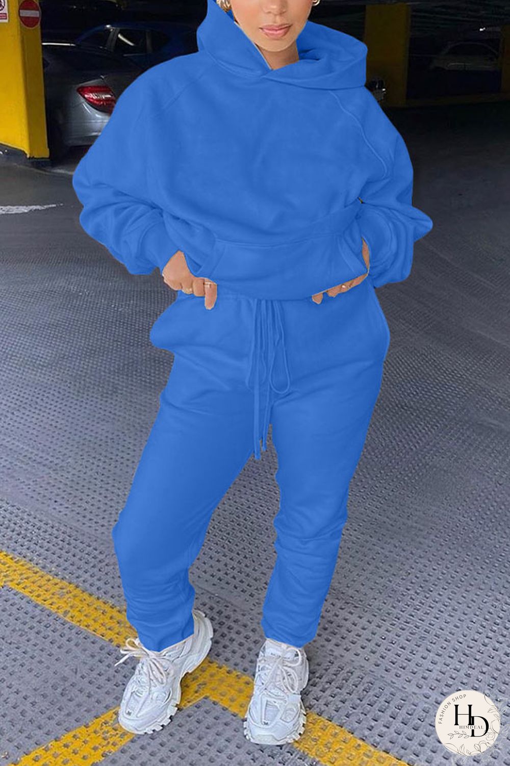 Blue Sportswear Nylon Solid Pocket Hooded Collar Long Sleeve Regular Sleeve Two Pieces