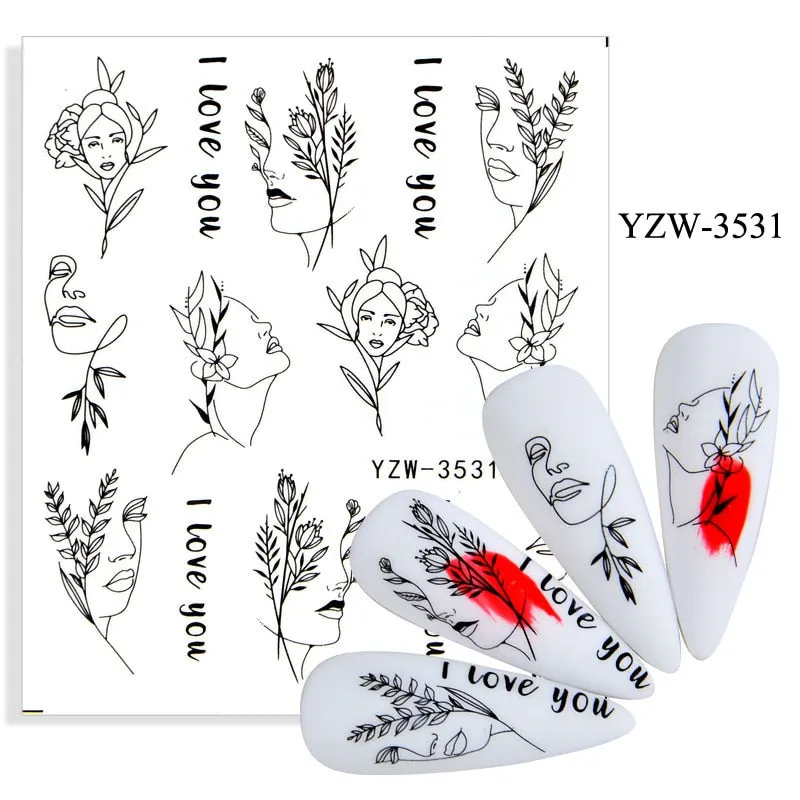 1 Sheet 3D Stickers For Nails Black Letter Leaf Flower Patterns Slider Nail Art Manicure Adhesive Tips Decals DIY Decorations-Nail Inspo