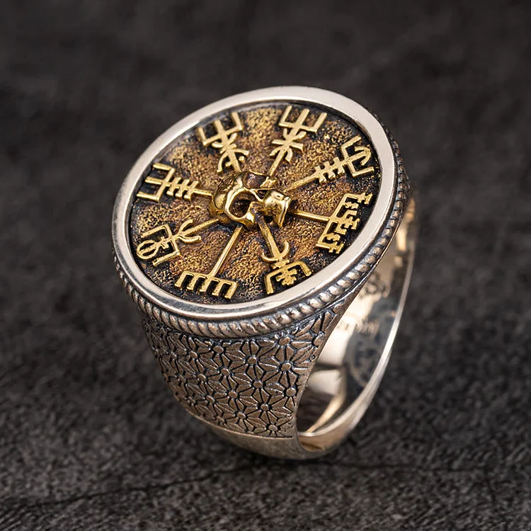 Coutureaura 925 Sterling Silver Vegvisir Skull Inlaid Ring