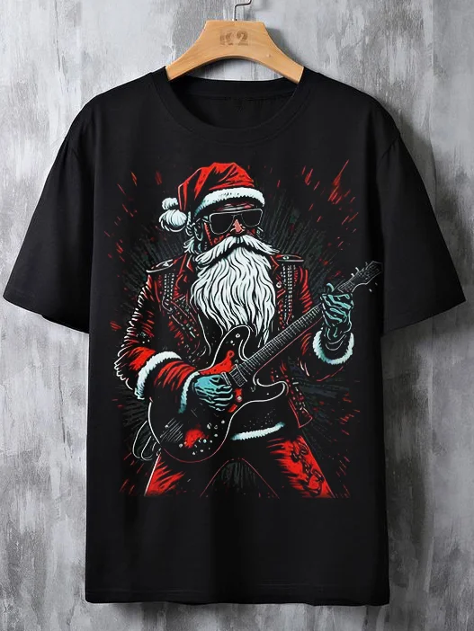 Men's Rock Punk Heavy Metal Guitar Santa Graphic Print T-Shirt