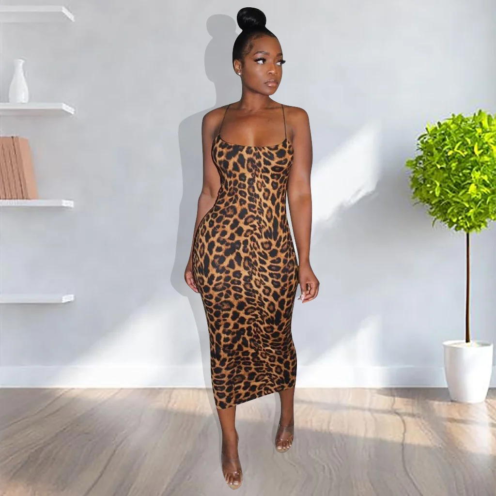 Stylish Leopard Printed Straps Skinny Maxi Dress