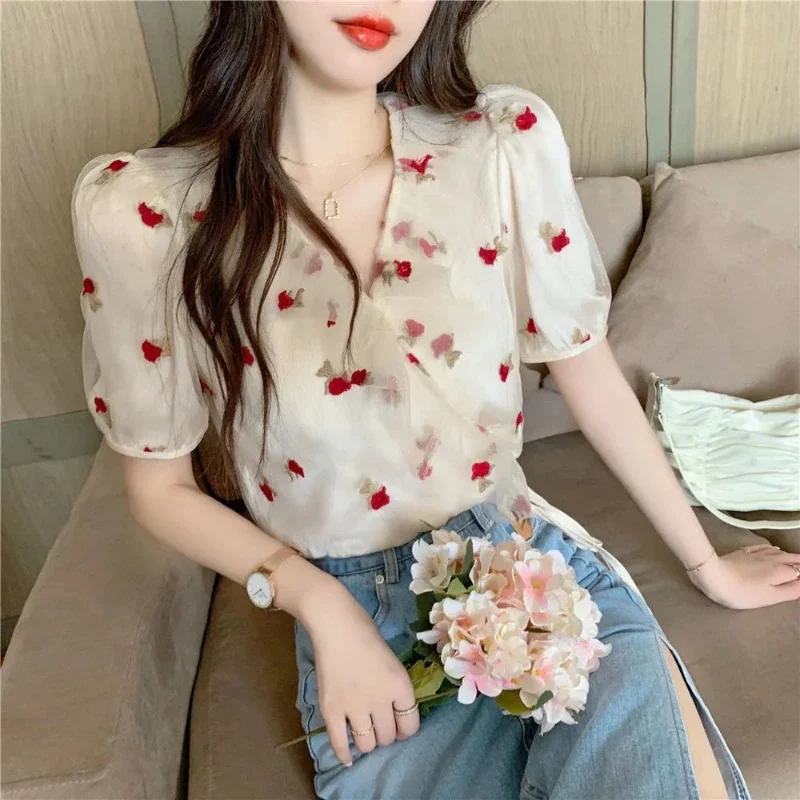 Jangj Spring Summer Rose Print Puff Sleeves Double Mesh Shirt V Neck Short Sleeve Belt Blouse Korean Fashion Sweet Style Shirt