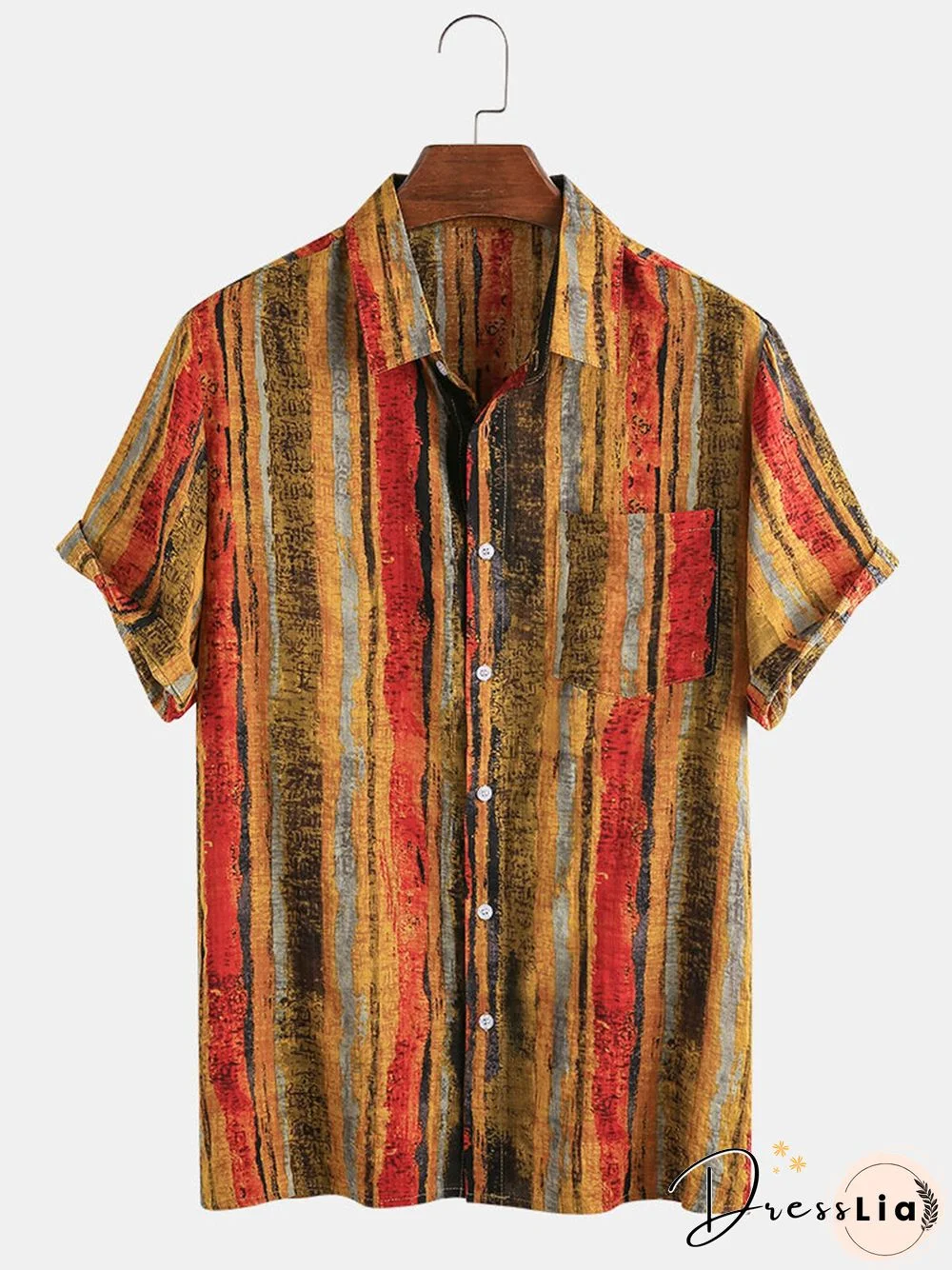 Summer Casual Beach Vintage Graffiti Color Striped Printed Men's Short Sleeve Shirts & Tops