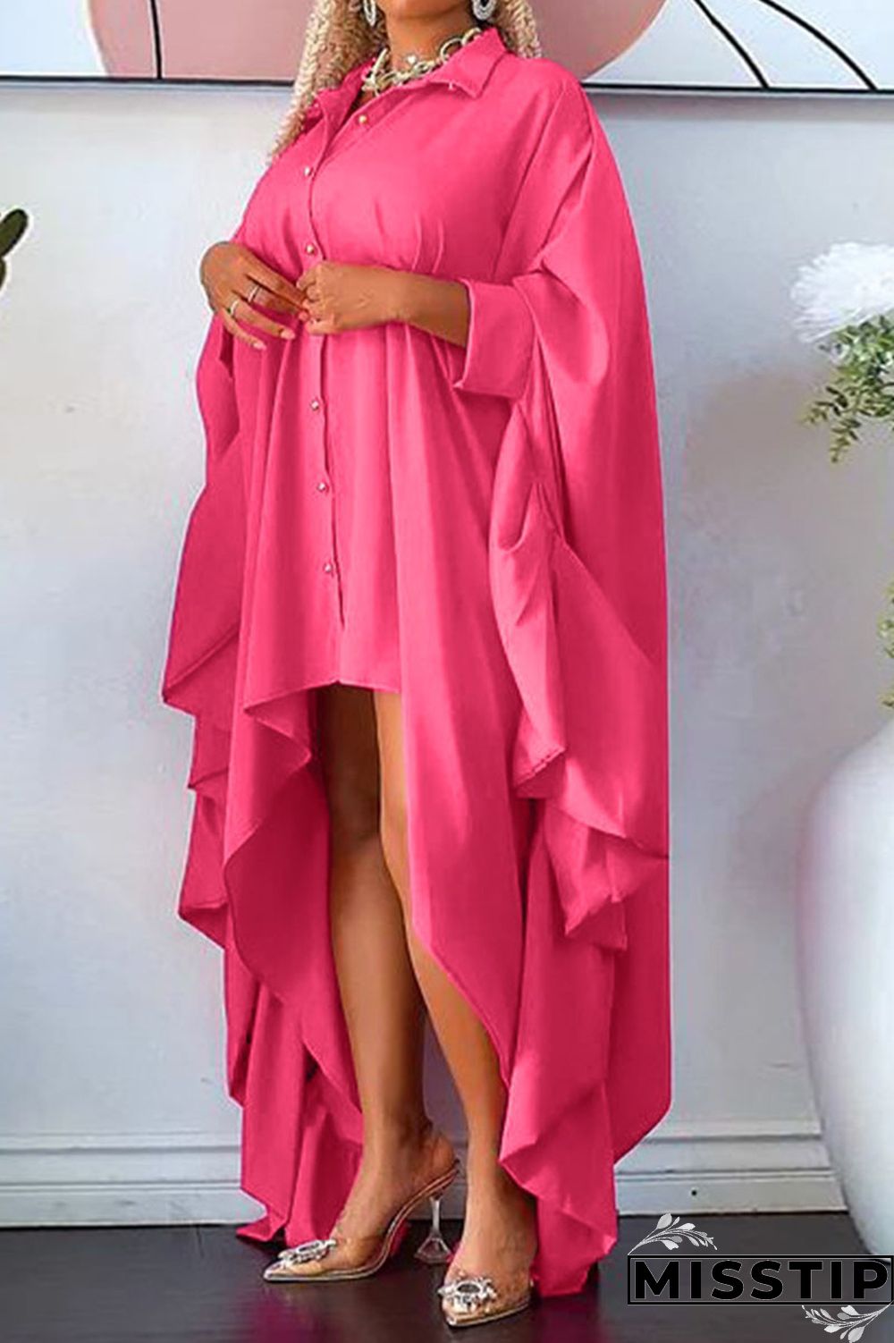 Green Casual Solid Patchwork Buckle Asymmetrical Turndown Collar Irregular Dress Plus Size Dresses