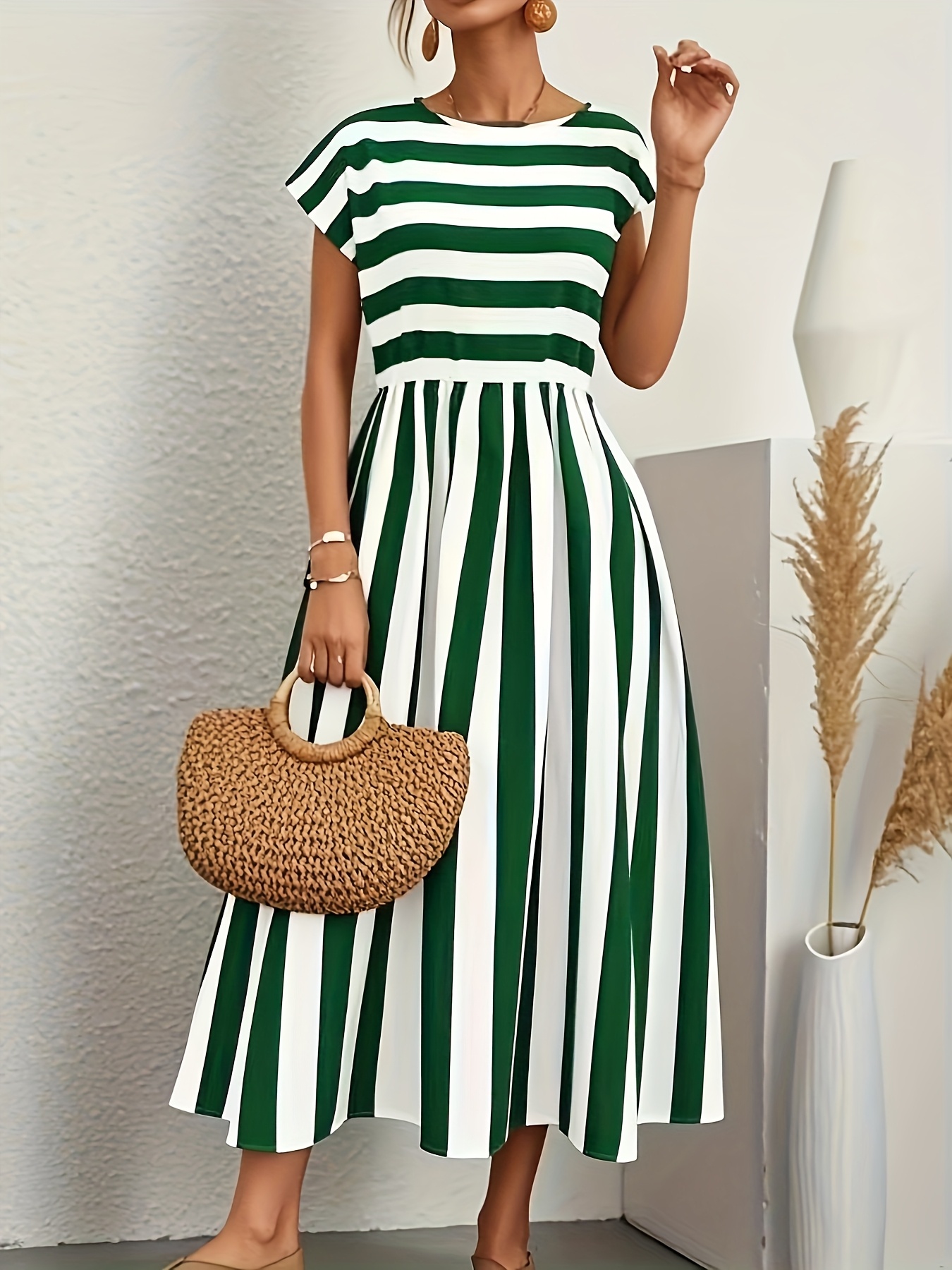 Women's Navy & White Striped A-Line Dress - Summer Short Sleeve Round Neck With Drop Shoulder, Flared Hem, Machine Washable Casual Vacation Dress For Beach Outings & Leisure Strolls, Beach Dress, Leisure Wear, Flowy Skirt, Fitted Waist | IFYHOME