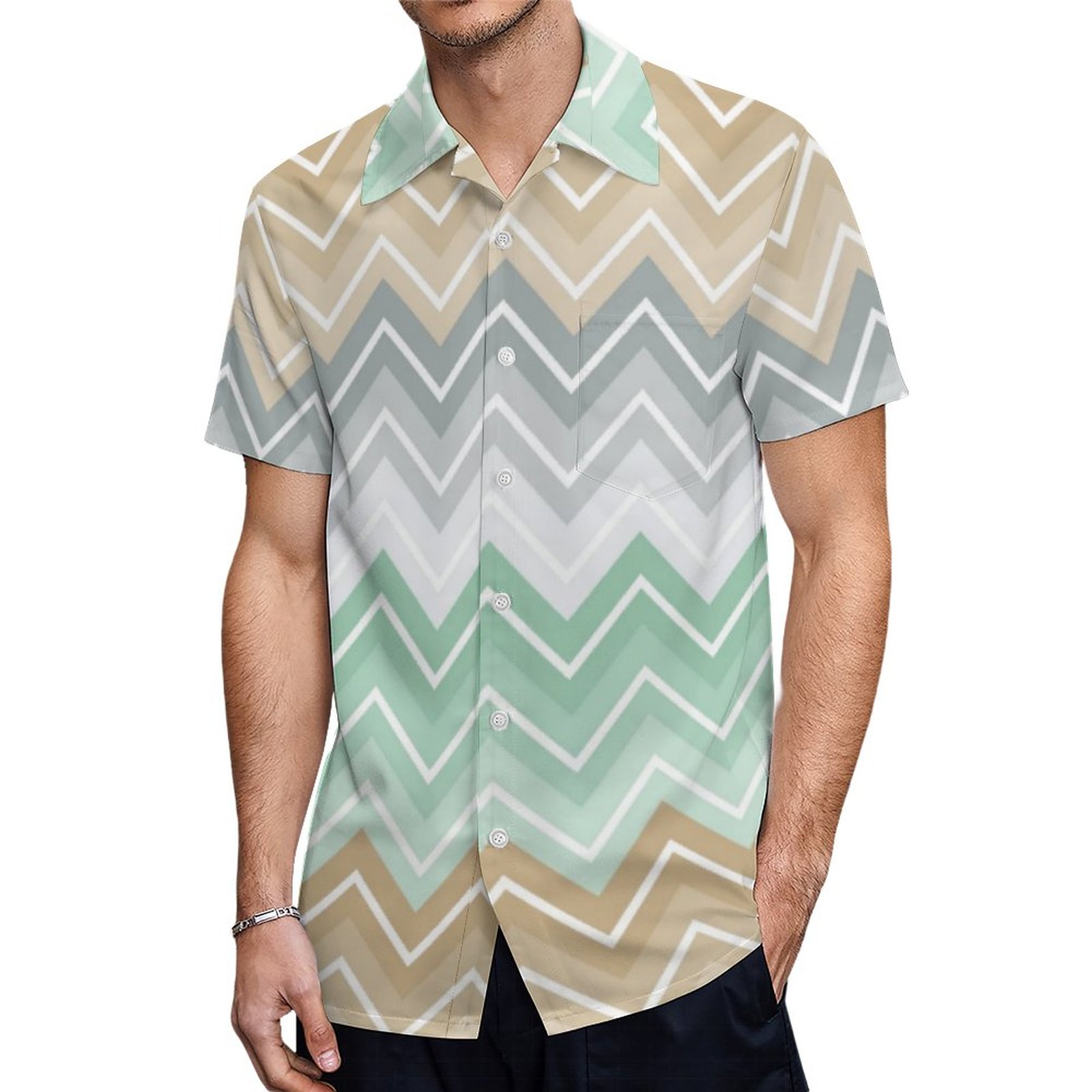 Chevron Stripes Mint Green Hawaiian Shirt Mens Button Down Plus Size Tropical Hawaii Beach Shirts