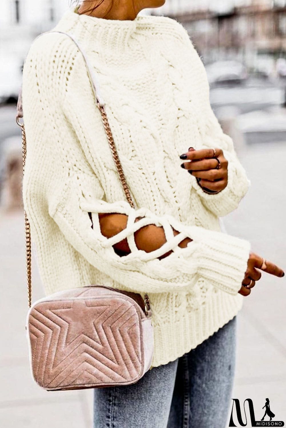 MidiSono - High Neck Cable Knit Hollow-out Sleeves Sweater