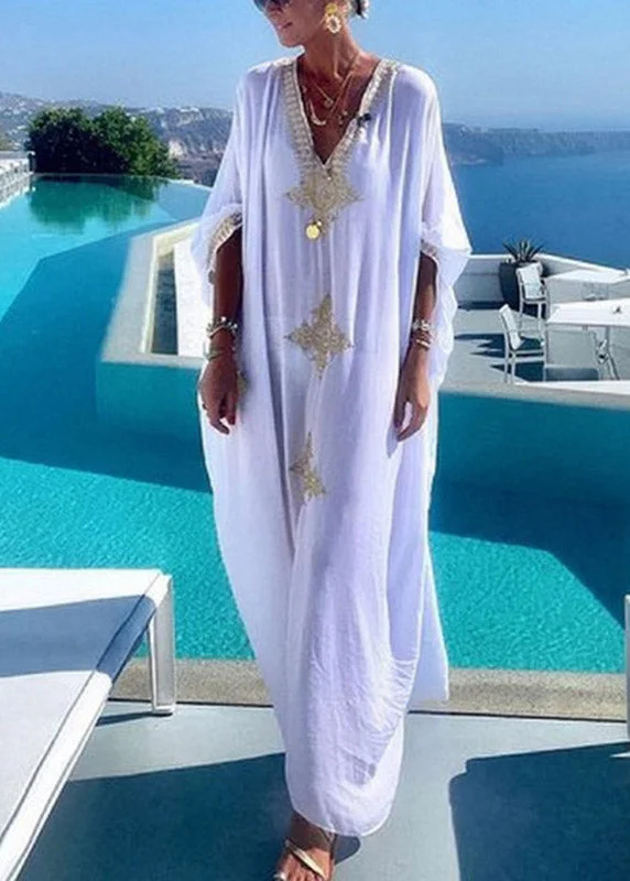 Statement Embroidered Beach Vacation White Long Dress