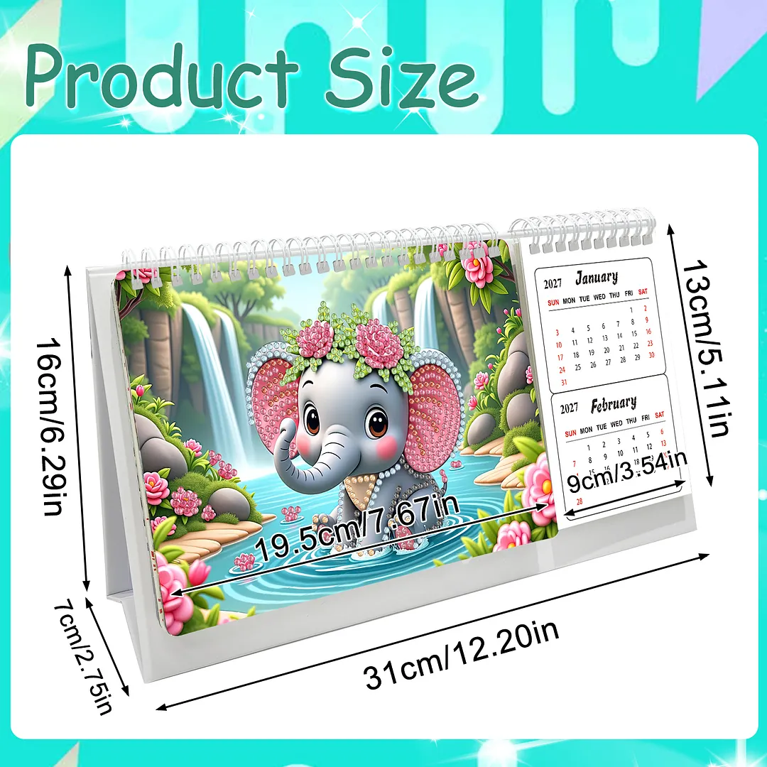 Elephant Diamond Art Monthly Flip Tabletop Calendar January 2027 - December 2028 Small Desktop Calendar Planner 24 Months for Living Room Bedroom Office Desk Gift Giving