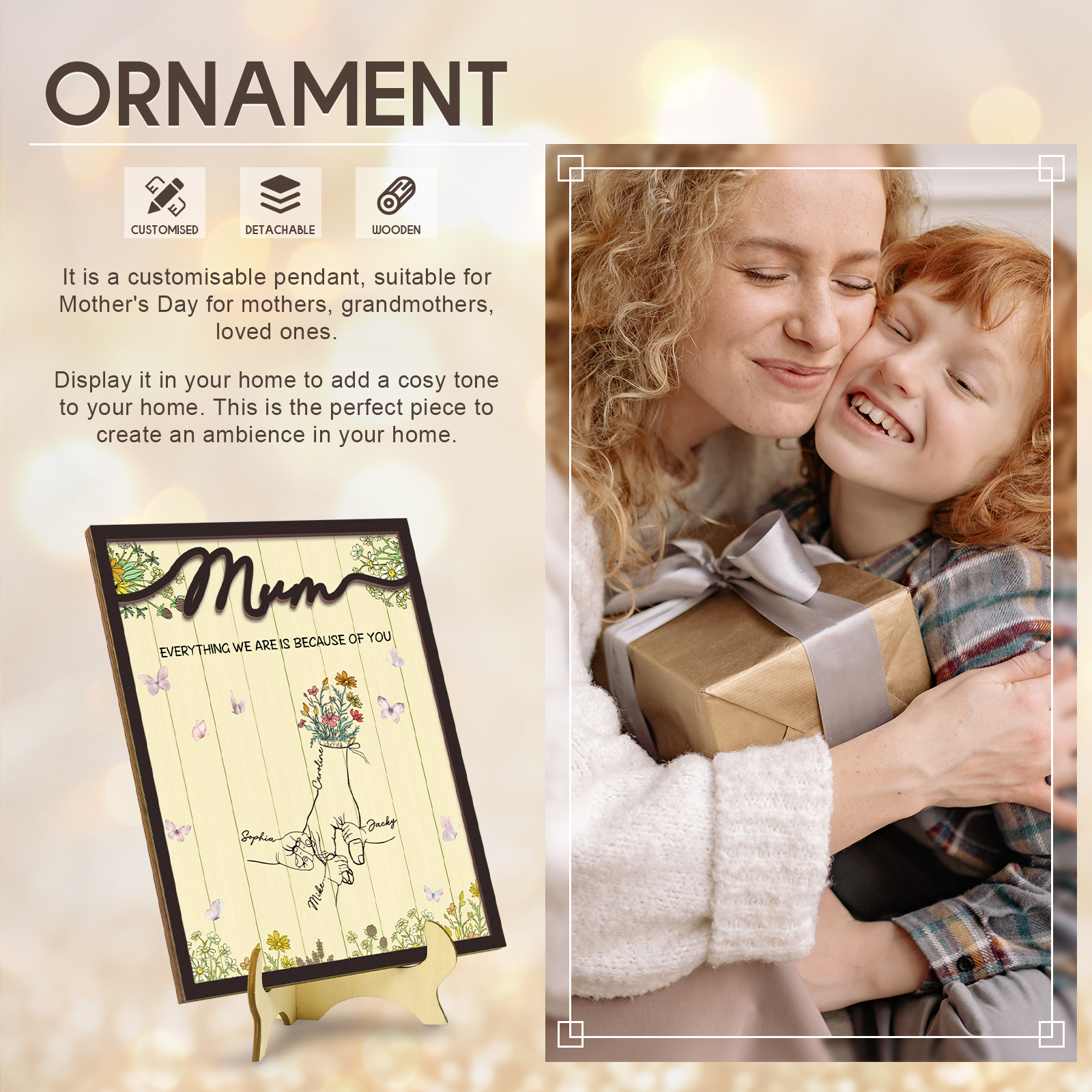 Personalised 4 Names Wooden Plaque Holding Mum's Hand Desktop Decoration With Stand - EVERYTHING WE ARE IS BECAUSE OF YOU-Jessemade AU